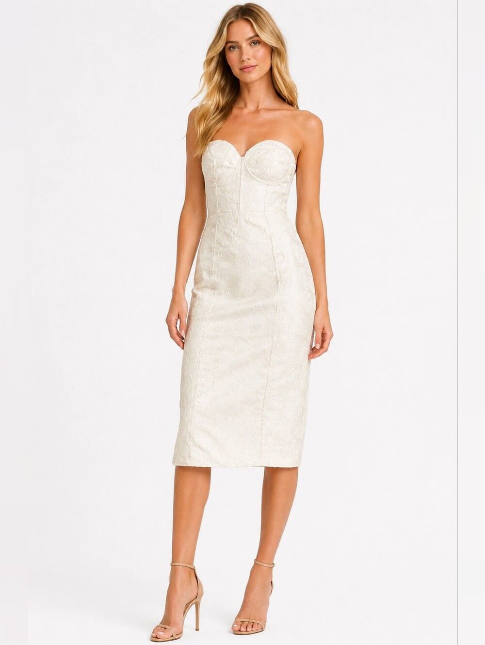 NEW Lulu's Sweetheart Adena White Jacquard Strapless Bustier Midi Dress